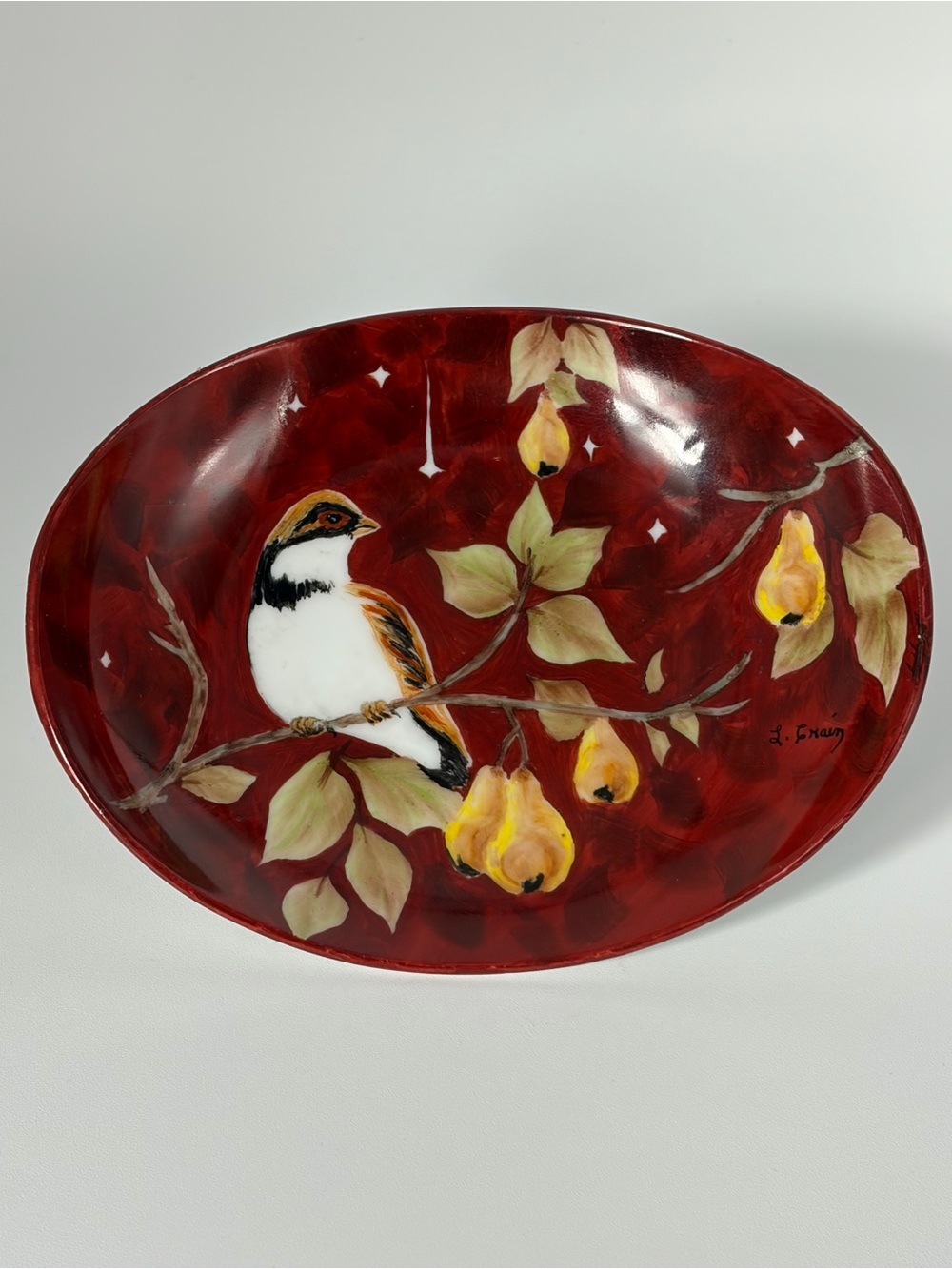 Vintage Hand Painted "Partridge In A Pear Tree" Trinket Tray Signed 5.75"